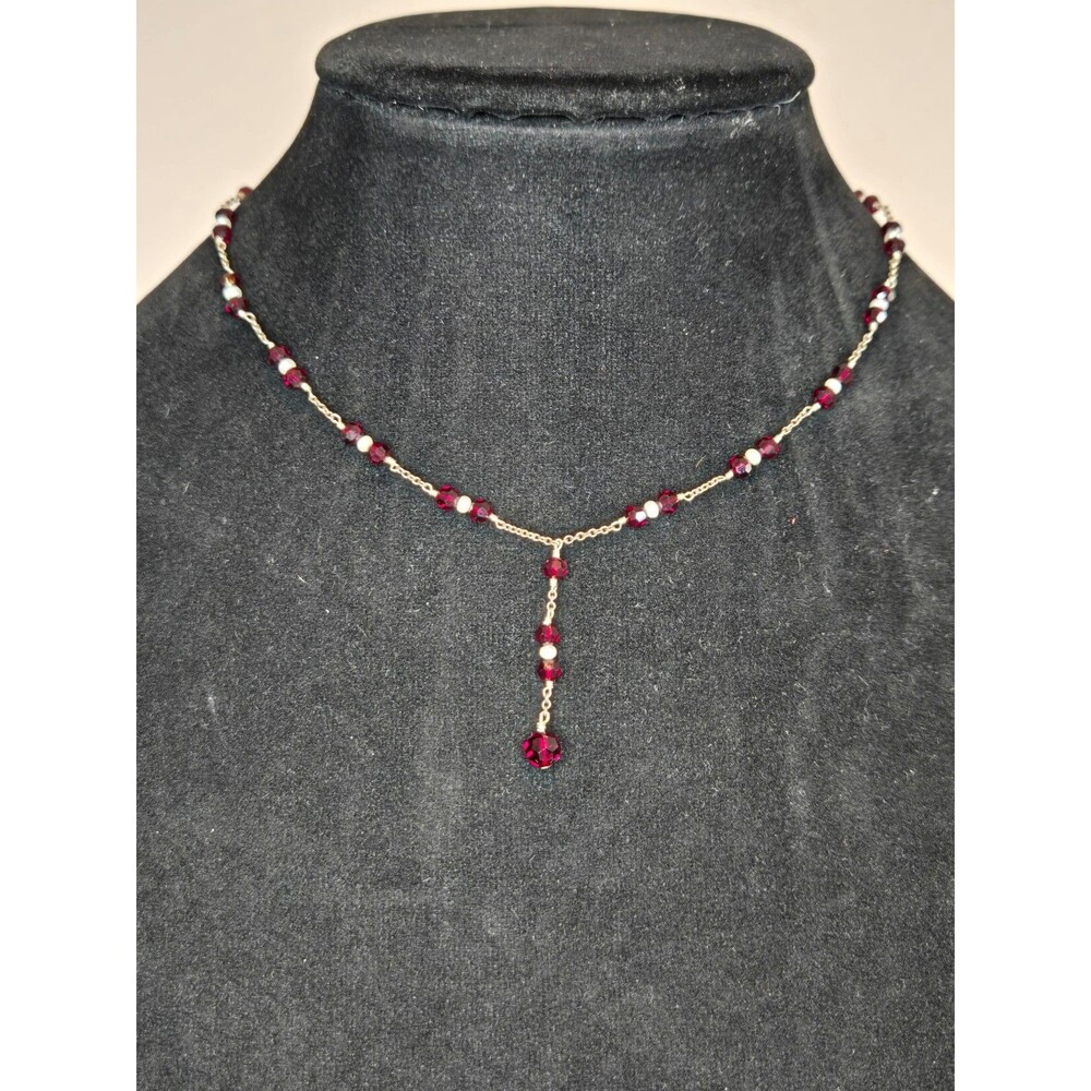 Beaded Drop Necklace Red Beads with Silver Tone Chain Heart Shaped Lobster Claw